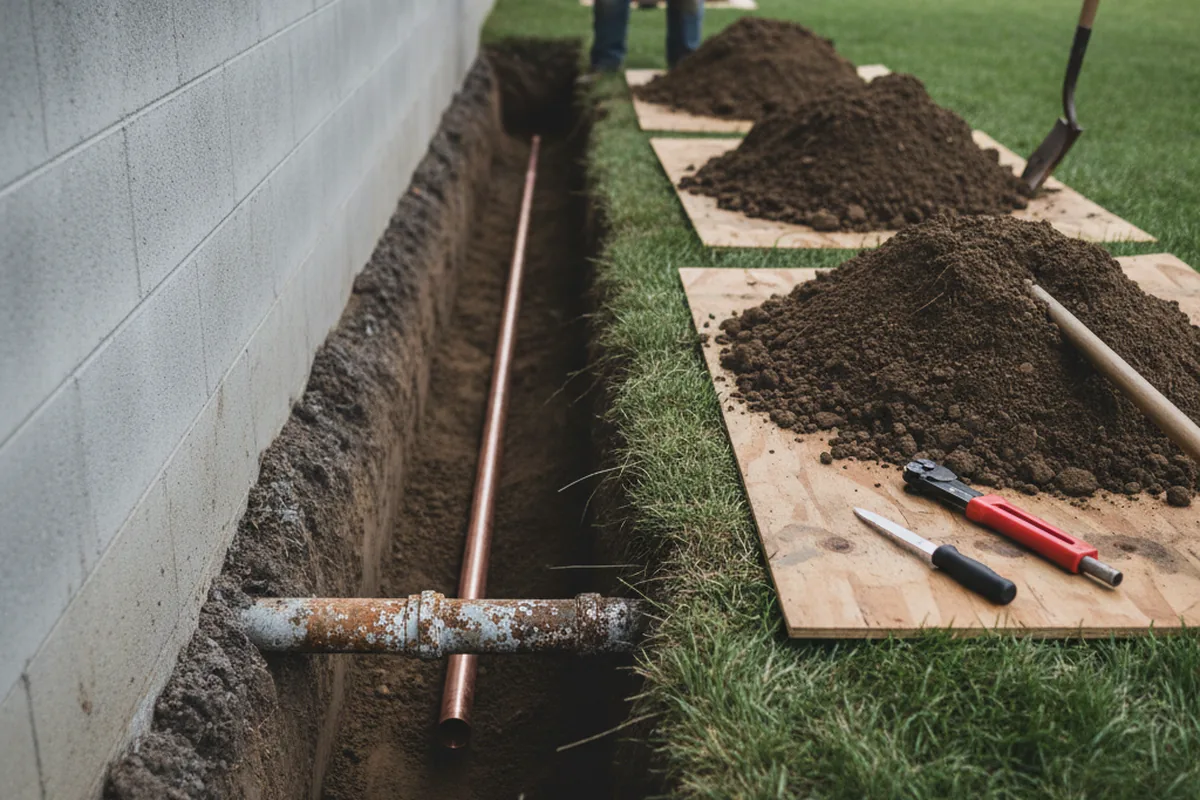 Excavated water line trench during Water Softener Installation in West Middlesex